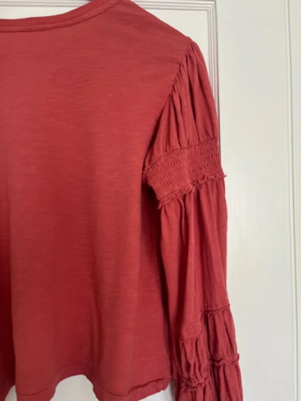 Anthropologie Pilcro Crew-Neck Ruched & Smocked-Sleeve Top | Size Small - Picture 7 of 8
